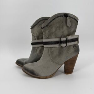 Bronx Gray Suede Ankle Boots Zipper Buckle Strap Stacked Heel Size 39
